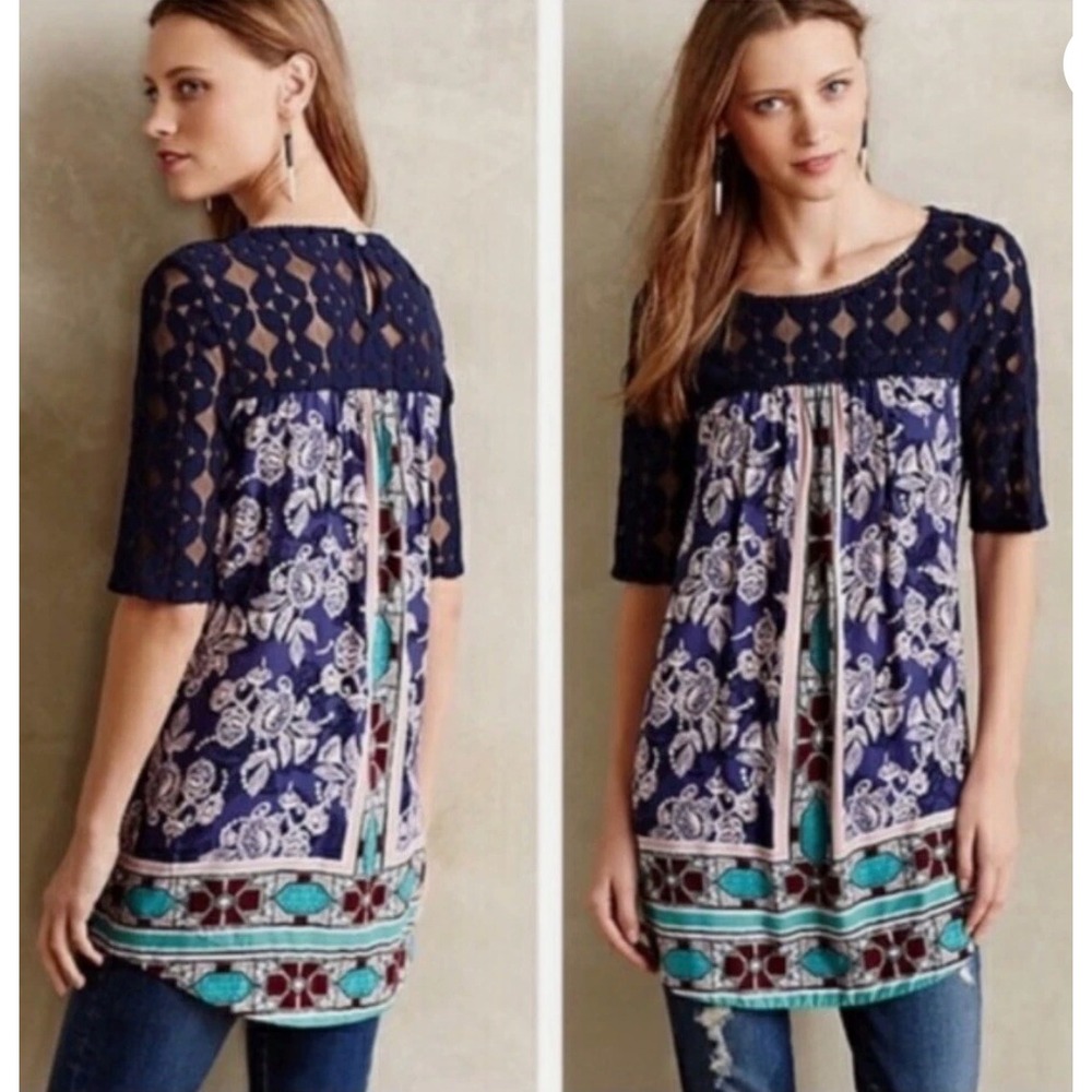 Anthropologie Akemi +‎ Kin Tunic Top Womens X Small Blue Maite Lace Floral Boho
